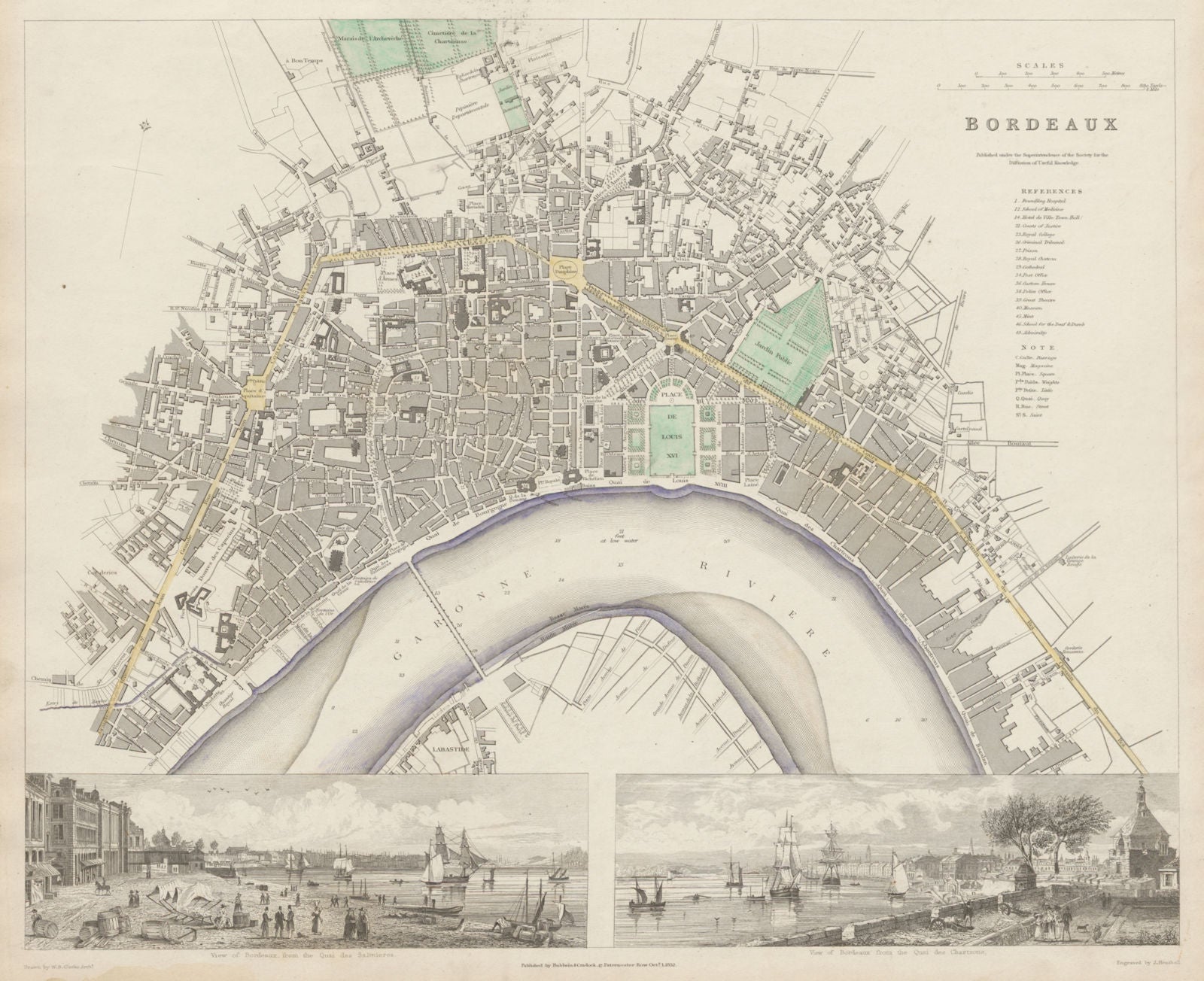 BORDEAUX antique town city map plan. Inset Quai Salinieres Chartrons SDUK 1844